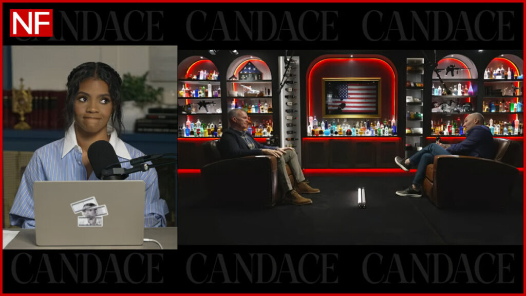 Split-screen video still showing Candace Owens speaking into a podcast microphone beside a laptop on the left, while on the right Brian Harpole and Shawn Ryan sit facing each other in leather chairs on a dimly lit studio set lined with illuminated liquor bottles and an American flag backdrop.