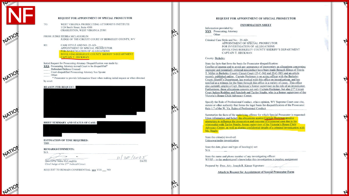 Side‑by‑side scanned “Request for Appointment of Special Prosecutor” forms with highlighted sections referencing allegations involving Berkeley County Sheriff’s Department Captain T. Heckman and his conduct in a criminal case.
Wet & Wild In West Virginia. Taylor Staubs