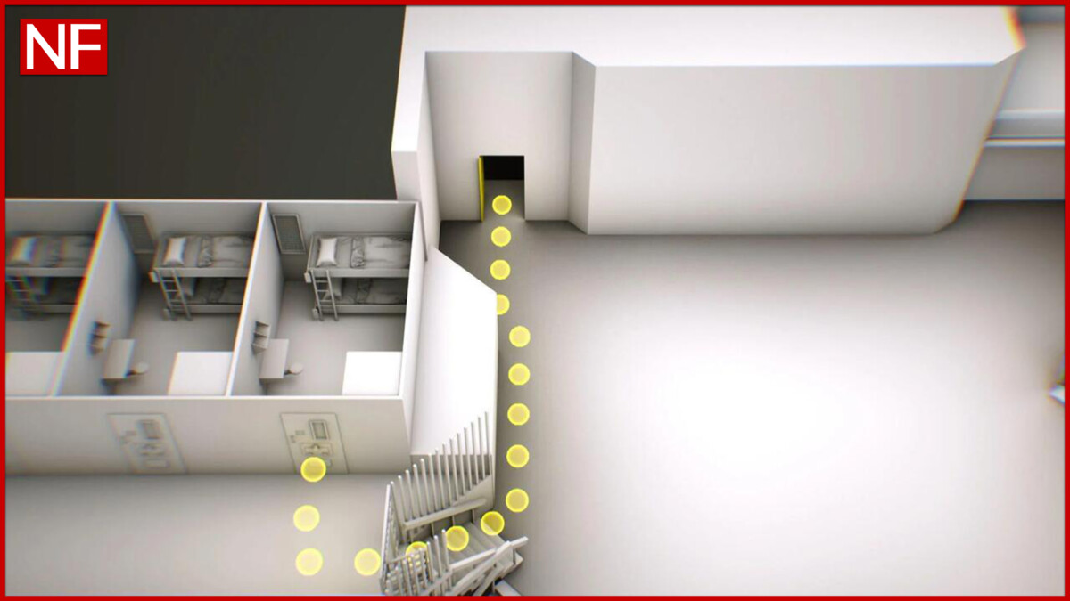 This illustration shows a path from the entrance to the Special Housing Unit common area to the stairs leading up to Epstein's cell. Only a narrow portion of the staircase could be seen in video released by federal officials.