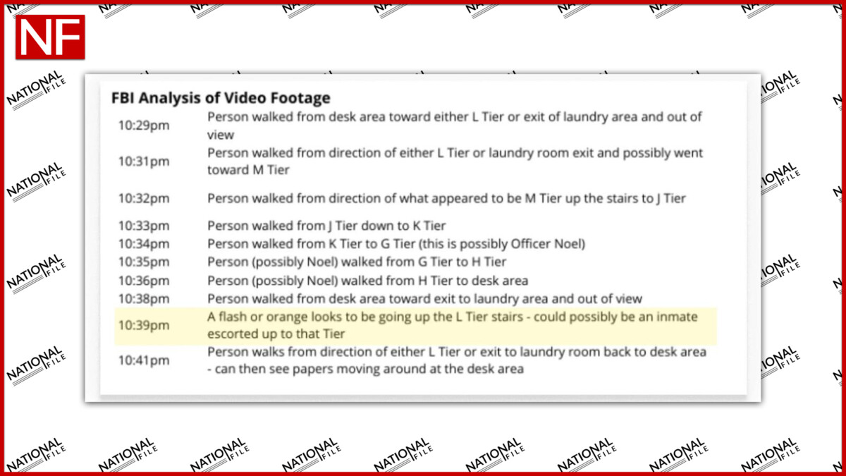 A Screenshot of the FBI's Analysis of the Security footage from 10:30pm to 10:41pm - Highlighted in the footage the "Orange Flash" seen in the video that appears to be an Inmate.