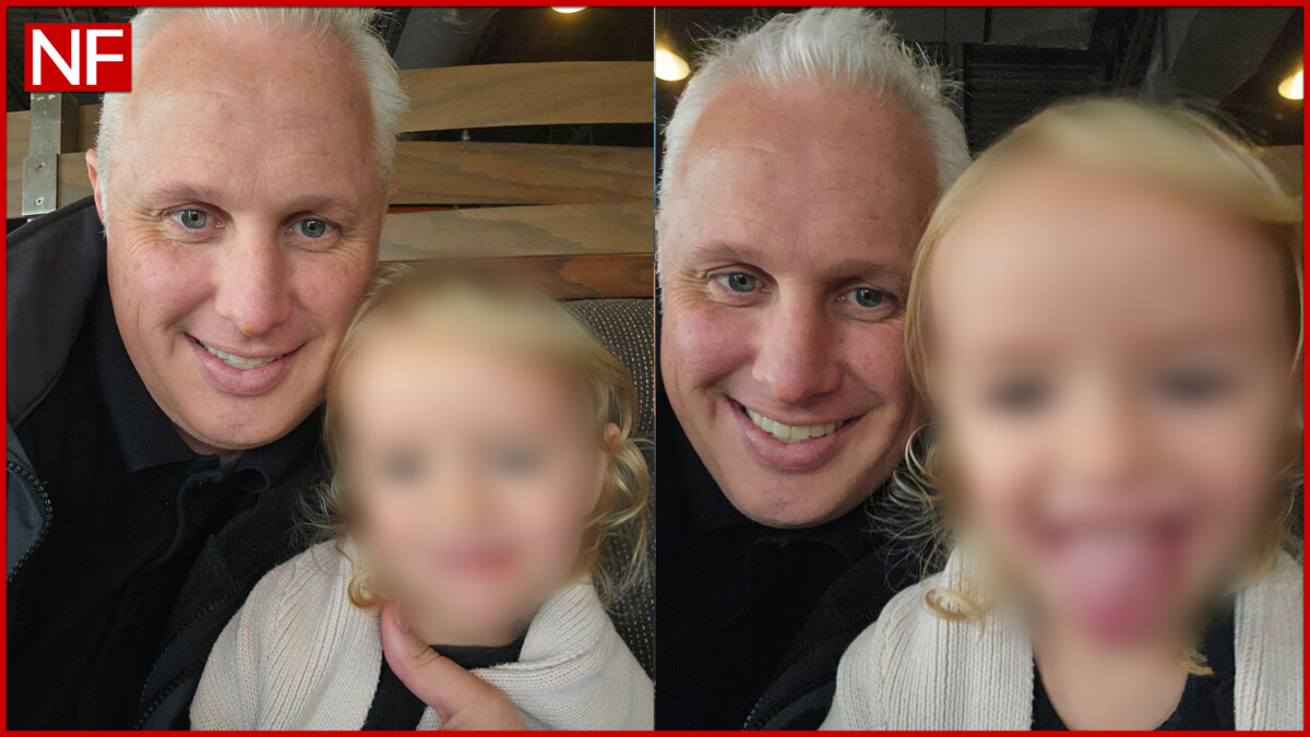 Collage of two tender photos capturing the close bond between Canadian father Gavin Ashley and his daughter Violet. Left: In a restaurant booth with wooden table, Gavin with white hair and dark shirt gently holds Violet close; Violet, in a light sweater with blonde curls, smiles softly while looking up at him. Right: Close-up selfie indoors, Gavin grinning widely as Violet sticks out her tongue playfully, her blonde hair framing her mischievous expression.