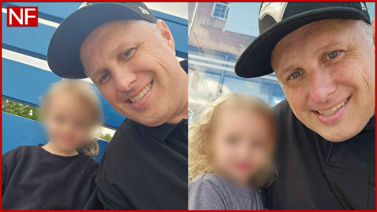 Collage of two tender photos capturing the close bond between Canadian father Gavin Ashley and his daughter Violet. Left: In a restaurant booth with wooden table, Gavin with white hair and dark shirt gently holds Violet close; Violet, in a light sweater with blonde curls, smiles softly while looking up at him. Right: Close-up selfie indoors, Gavin grinning widely as Violet sticks out her tongue playfully, her blonde hair framing her mischievous expression.